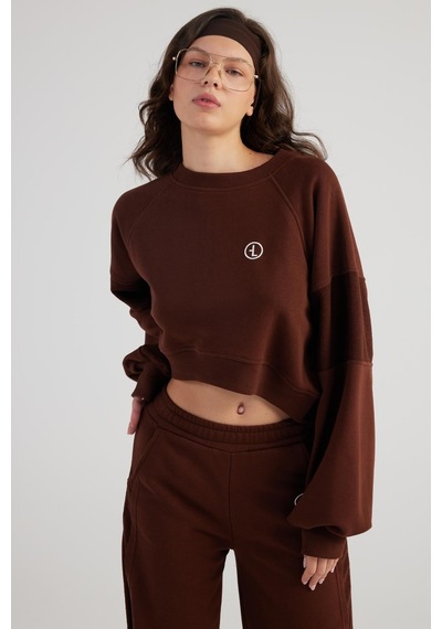 Holly Lolly Bisiklet Yaka Şardonsuz Crop Cali Sweatshirt Kahve