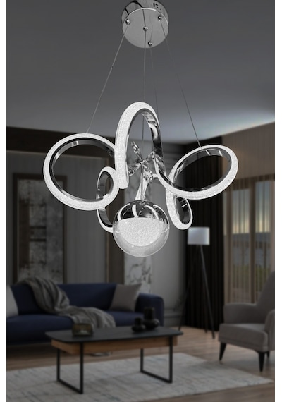 Kıvrım Tekli Fanus Top Simli Slikonlu Modern Oturma Led Avizesi - Kumandalı / Krom Krom