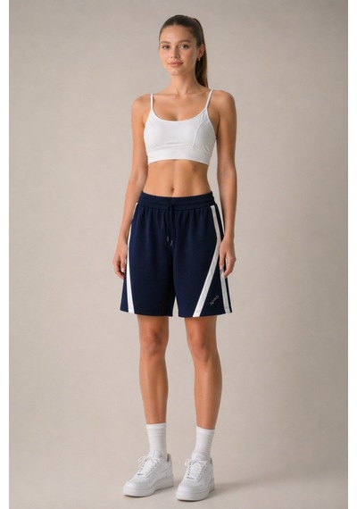 Soft&Basic Lacivert-beyaz Pamuklu Yumuşak Dokulu Şeritli Standart Fit Beli Lastikli Kadın Şort