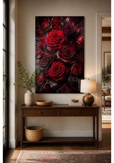 Kırmızı Gül Desenli Baskılı Cam Tablo Uv Baskı Dekoratif Duvar Tablosu