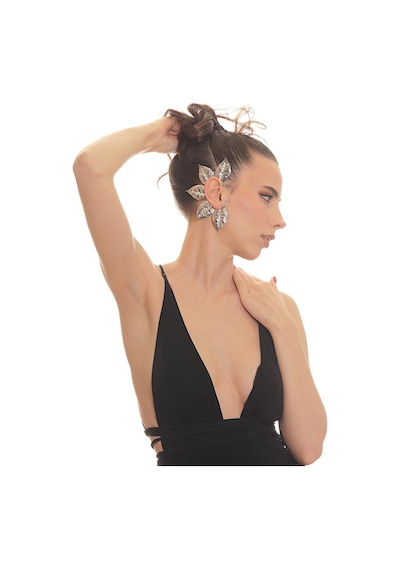 Kadın Gümüş Renk Lak Kaplama Zirkon Taşlı Dokulu Yaprak Stilizesi Sağ Kulak Earcuff&kıkırdak Küpe Çok Renkli