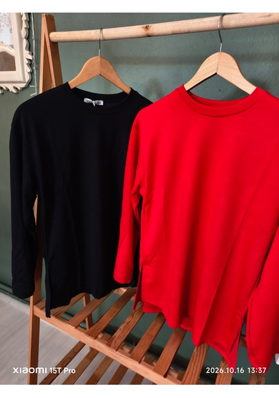 Trendall Siyah Renk Yırtmaç Detaylı Uzun Kollu Bisiklet Yaka Tshirt