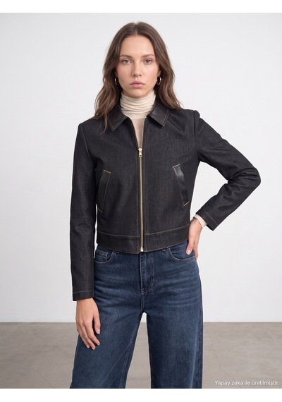 Dilvin 60826 Deri Detaylı Crop Ceket Siyah