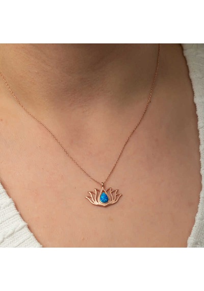925 Ayar Gümüş Rose Kaplama Opal Taşlı Lotus Çiçeği Kolye Renkli