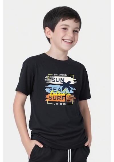 Panios Kids California Sun Baskılı Erkek Çocuk Kısa Kollu Yuvarlak Yaka T-shirt Siyah