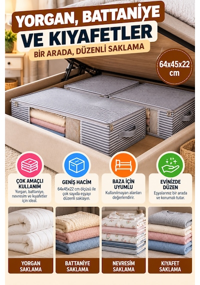 Gri Çizgili Baza Altı Pencereli Hurç 64x45x22 Cm Yorgan Battaniye Kıyafet Saklama Düzenleyici Kutusu