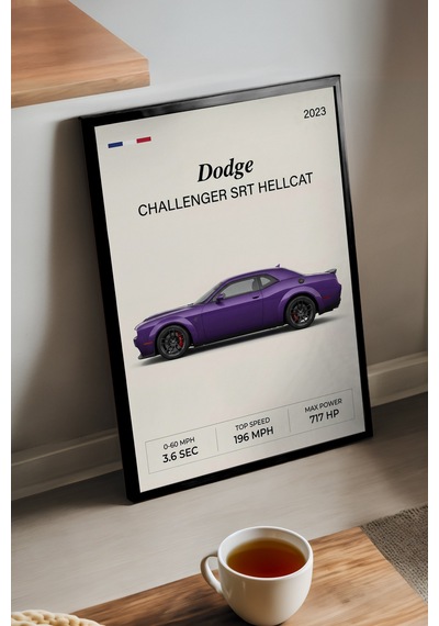 Dodge Challenger Srt Siyah Ahşap Çerçeveli Poster, Dekoratif Araba Duvar Tablosu