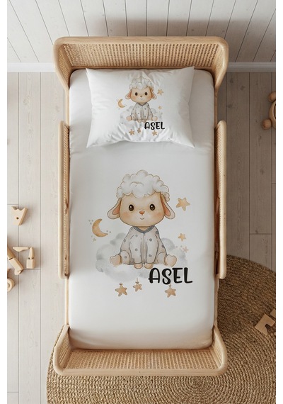 %100 Pamuk Saten İsme Özel İsimli 100x200 Tek Kişilik Lastikli Çarşaf Seti Kuzucuk Beyaz