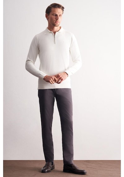 İmza Ekru Uzun Kol Fermuarlı Yaka Cepsiz Slim Fit Triko 1012255150 Ekru