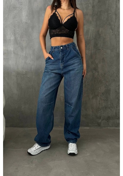 Premium Yıkamalı Kemerli Baggy Jeans Mavi