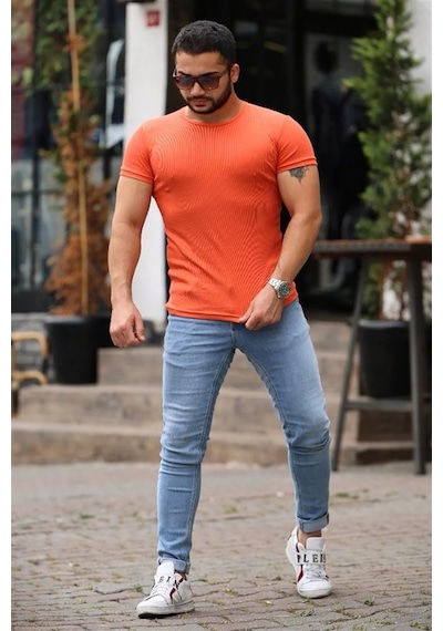 Madmext Bisiklet Yaka Turuncu Basic Tişört 4077