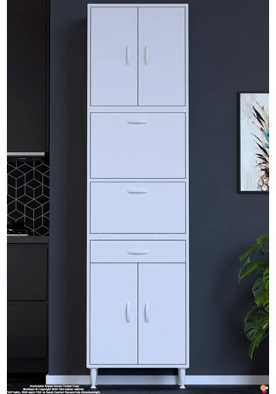 Alp 60 Cm Çekmeceli Erzak Dolabı - Çok Amaçlı Banyo Kiler Mutfak Antre Depolama Dolabı 60x226x32 Cm Beyaz
