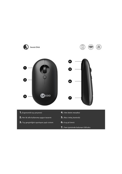 Lecoo WS212 Kablosuz 1600DPI 4 Tuşlu Optik Mouse Siyah