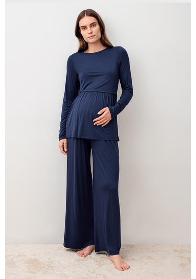 Artış Collection Uzun Kollu Esnek Likralı Viskoz Hamile Pijama Takım 20212 Lacivert