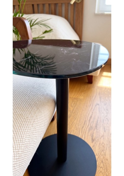 Effe Yapı Dekor Siyah Mermer Desenli Yan Sehpa 40x30 Cm 6 Mm Temper Cam