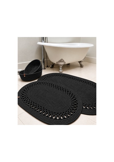 Oval Örgü Banyo Paspası Hasır Görünümlü Dekoratif Kaymaz Banyo Paspası 2 Adet Dekoratif Kutu Hediye Siyah Siyah