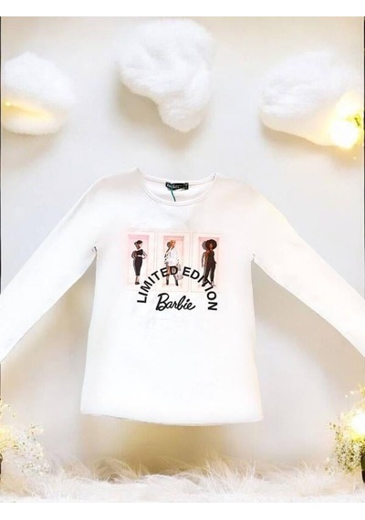 Zekids Kız Çocuk Pamuklu Mevsimlik İnce Uzun Kol Barbie Tshirt-14474 Beyaz