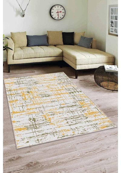 Sarı Yeşil Vintage Kaymaz Tabanlı Dekoratif Halı Es04n11 Sarı - Yeşil