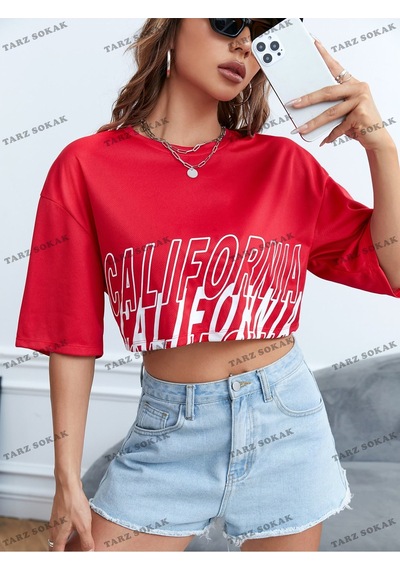 Flood Of Style Crop Ckod-232913 Grafikli Düşük Omuz Kısa Kırmızı