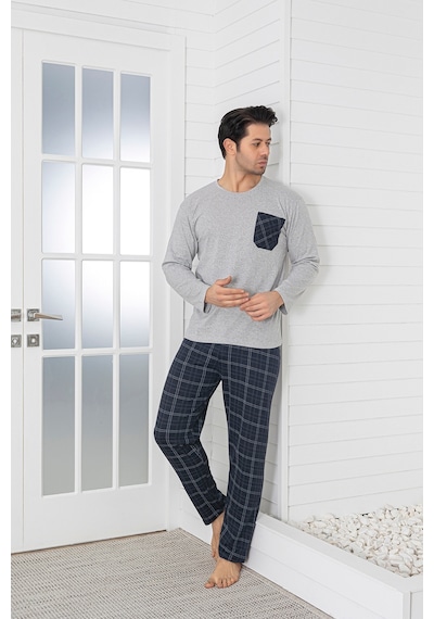 Sude Homewear Erkek Ekoseli Cepli Uzun Kollu Pijama Takımı Gri