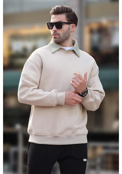 Madmext Bej Polo Yaka Erkek Sweatshirt 7086 Bej