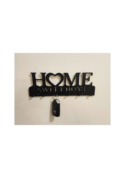 Alvera Home Sweet Home Yazılı Anahtarlık Duvar Askısı Kalpli Anahtar Askısı Siyah