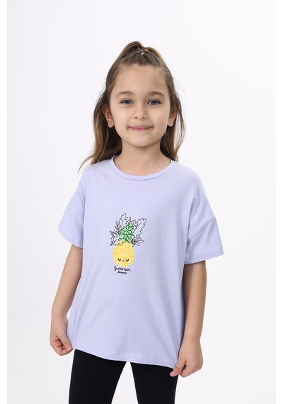 Toontoy Kız Çocuk Baskılı Bisiklet Yaka Kısa Kollu Tişört Mavi