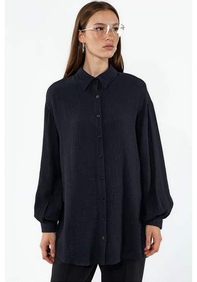 Hiccup Bdart Düğmeli Tunik Uzun Bluz Siyah
