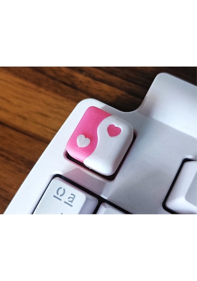 2 Adet Pembe Beyaz Kalpli Yin Yang Tasarımlı Romantik Mekanik Klavye Tuşu
