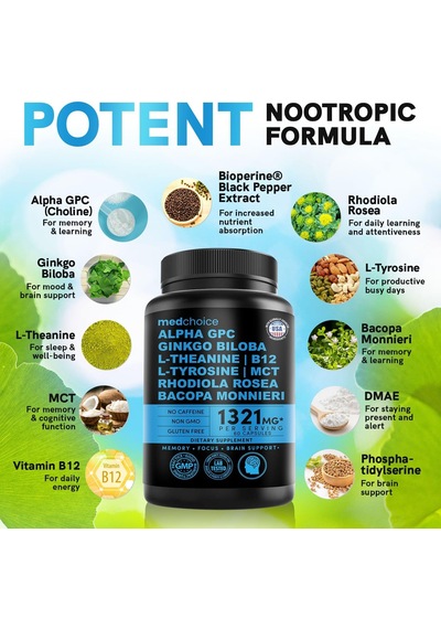 Medchoice Nootropic Brain Memory & Focus Supplement With Ginkgo Biloba, L Theanine 1321 Mg Per Serving 60 Kapsül Orijinal Usa Menşeii Dmmedicineden