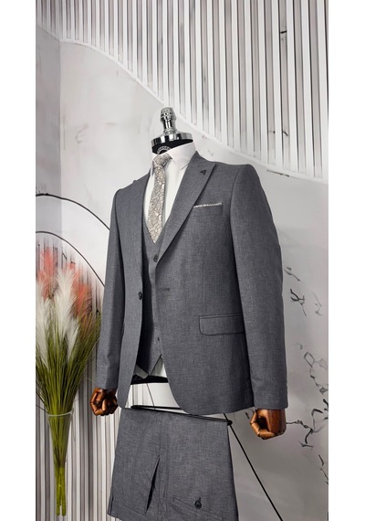 Dupont Classics Dupont Erkek Slim Fit Yelekli Takım Elbise 6 Drop Çift Yırtmaç Gri