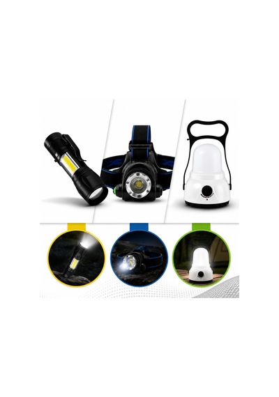 3'lü Şarjlı Led Fener Seti Usb Şarjlı El Feneri Kafa Lambası Kamp Lambası Güçlü Işık Acil Durum Outdoor Beyaz