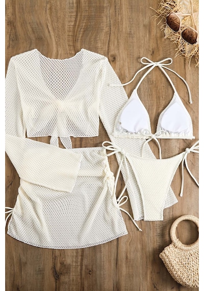 Angelsin Bağlamalı Alt Üst Pareo Üçgen 4'lü Brezilya Bikini Takım Set Çıkartılabilir Kaplı Beyaz