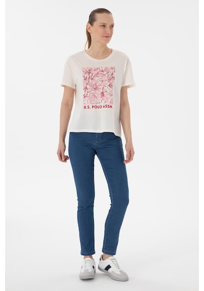 U.S. Polo Assn. Kadın Krem Desenli Bisiklet Yaka Tişört 50299765-VR071
