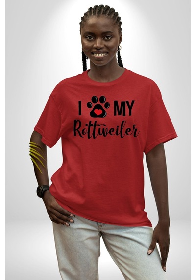 Köpek Sevgisi Rottweiler Pamuklu Bisiklet Yaka Unisex Oversize Boyfriend Dijital Baskılı Kırmızı T-shirt Kırmızı