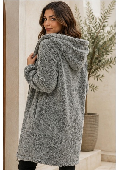 Unika Boutique Kadın Welsoft Fermuarlı Kapüşonlu Uzun Polar Hırka Gri