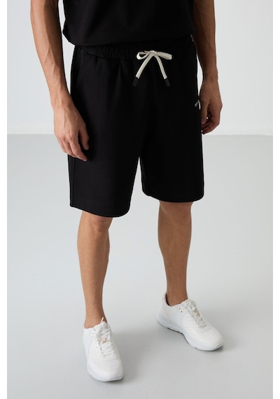 Siyah Pamuklu Kalın Yumuşak Dokulu Oversize Fit Nakışlı Erkek Şort Takım - 85250