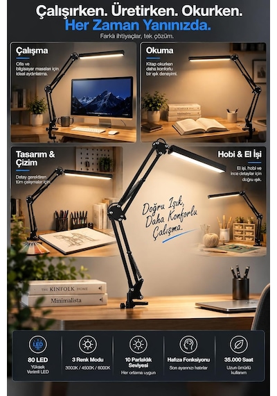 80 Led Uzun Kollu Kelepçeli Masa Lambası - 3 Renk 10 Kademe Parlaklık, 360 Ayarlanabilir Başlık, Usb Mimar Çalışma Okuma Çizim Lambası Bilgisayar Masası Lambası Akrobatik Lamba