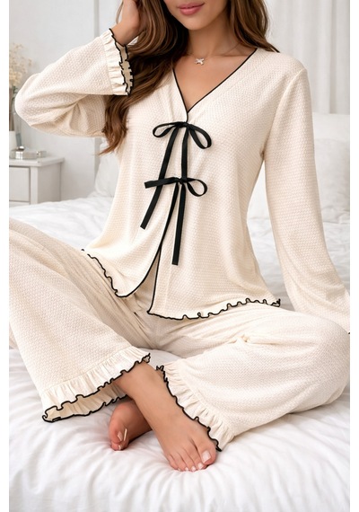 Elmoda Kadın Ekru Pamuk Dokuma Önden Bağlamalı Pijama Takımı Ekru Ekru
