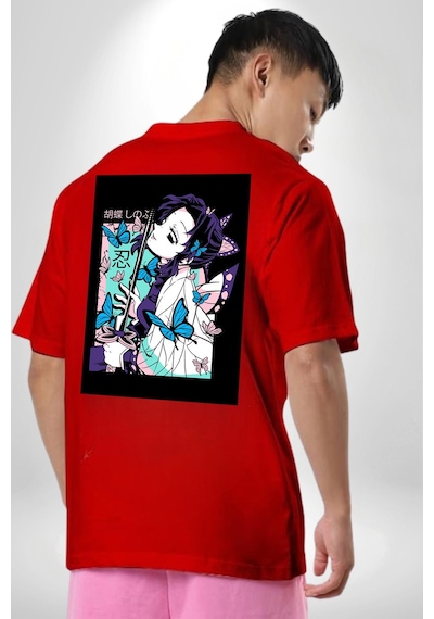 Shinobu Kocho Demon Slayer Kırmızı Oversize Unisex Ön Ve Sırt Baskılı Tişört Kırmızı