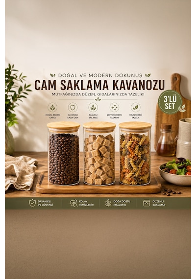 Porsima 2-3 Bambu Vakumlu Kapaklı Yuvarlak Borosilikat Cam 3lü Kavanoz Seti Saklama Kabı 1300ml 10x20cm