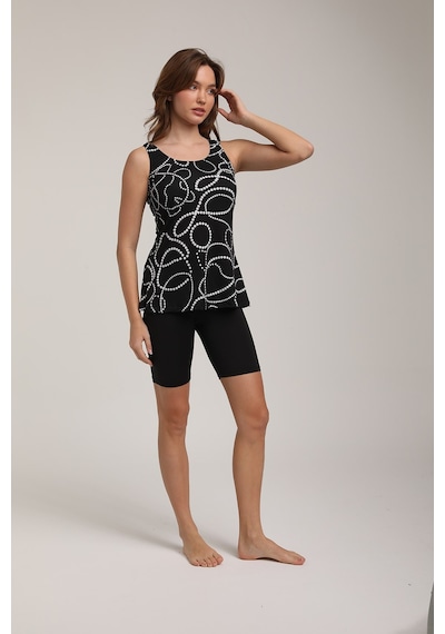 Chelly Kadın Desenli Askılı Taytlı Tankini S 5700 Siyah Siyah