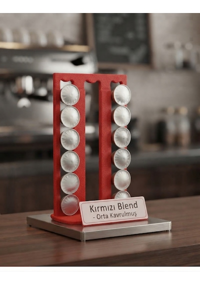 3d Tasarım Nespresso Uyumlu Kahve Kapsül Standı - Kafe Tipi Döner Ve Çubuklu Tutucu Kırmızı