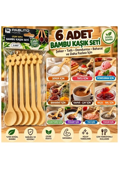 6 Adet Bambu Kaşık Seti Çiçek Saplı Ahşap Kaşık Şeker Baharat Kahve Çay Tatlı Dondurma Servis Kaşığı