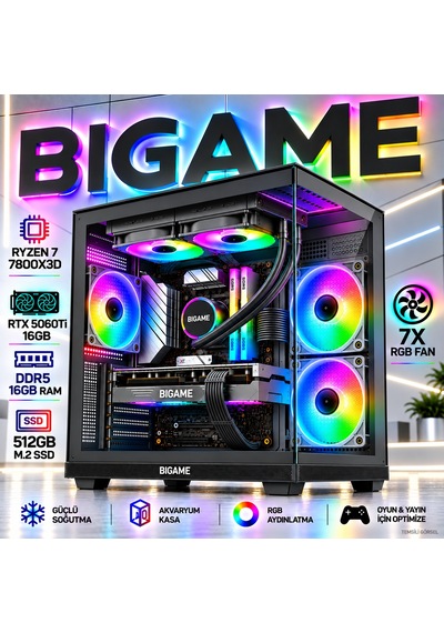 Bigame HYPER-V5 R7-7800X3D 16 GB 16 GB 512 GB M2 SSD RTX5060Ti Free Dos Masaüstü Oyuncu Bilgisayarı