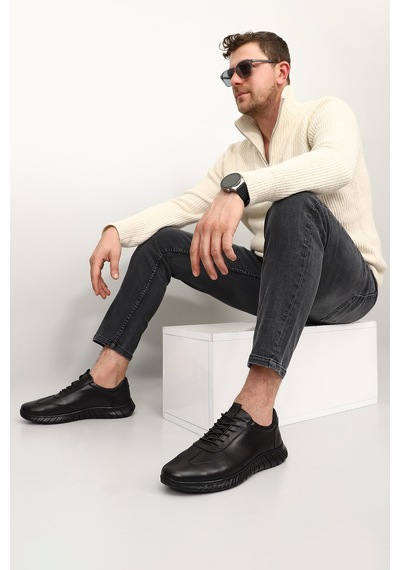Gönderi(R) Erkek Siyah Bağcıklı Kauçuk Taban Hakiki Deri Sneaker Ddma73542600 Siyah