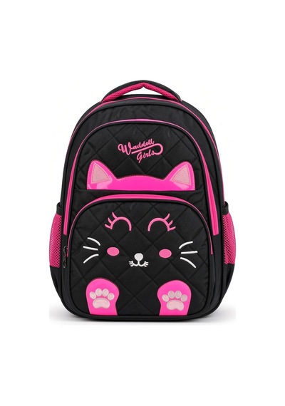 Nakışlı Kedi Siyah Pembe İlkokul Çantası Suya Dayanıklı Ortopedik Sırt Çantası 40x30x18 Cm Çok Renkli