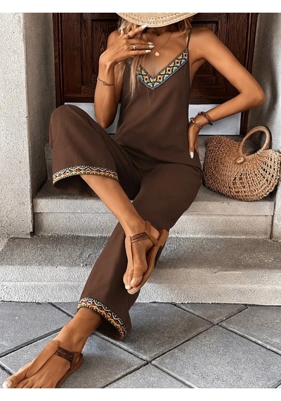 Defymoda Kadın Ip Askılı V Yakalı Etnik Serit Desenli Cep Detaylı Janjan Krep Tulum Kahve