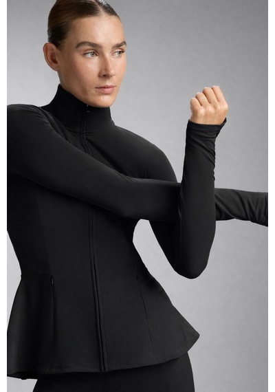 Gugus Kadın Light Warm Running Volanlı Fermuarlı Yüksek Yaka Spor Ceket Esnek Activewear Siyah