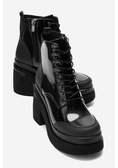 Luvi Shoes Norton Siyah Rugan Bağcıklı Fermuarlı Kadın Platform Topuklu Bot